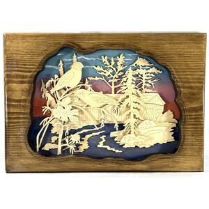 Layered Wood Shadow Box Wall Art Birds Barn Landscape 16x11” Vintage
